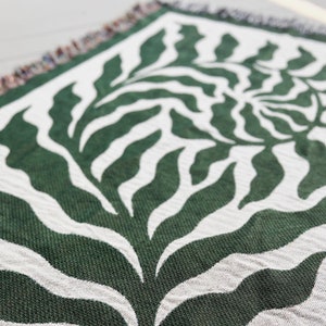 Fern Matisse Inspired Botanical Blanket Cotton Throw Jacquard Tapestry or Picnic Blanket Fringed Edge Woven Blanket Green image 3