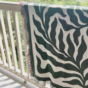 Fern Matisse Inspired Botanical Blanket Cotton Throw Jacquard Tapestry or Picnic Blanket Fringed Edge Woven Blanket Green image 4