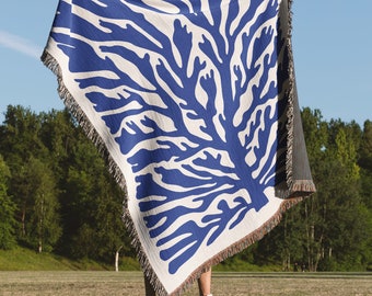 Blue Coral Reef | Matisse Inspired Blanket | Woven 100% Cotton | Throw, Tapestry or Picnic Blanket | Fringed Edge | Abstract Art