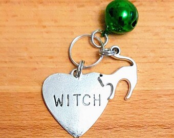 Witch's Cat Collar Charm, with Witch Heart, Cute Cat Charm and Green Bell, Pet Jewellery, Collar decoration, Collar Accessory