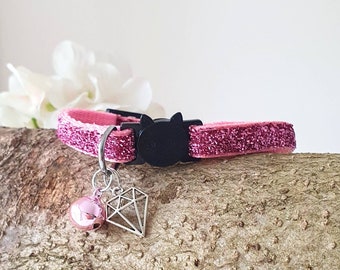 Pink Sparkle Cat Collar with Diamond Silhouette Charm, Safety Quick Release Breakaway Buckle and pink removable Bell