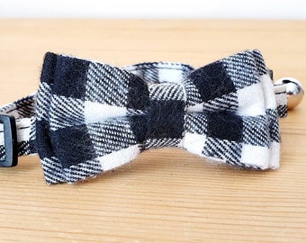 Luxury Black and White Tartan Checked Adjustable Cat Collar with Matching Removable Bow and Safety Breakaway Buckle