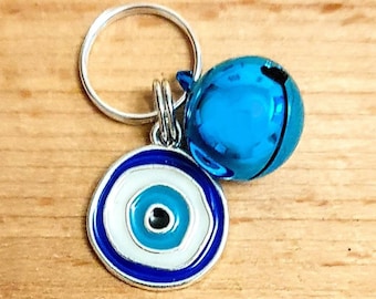 Evil Eye Small Silver & Blue Pet Charm with or without Bell, Cat, Dog Collar, Horse, Pony Bridle, Pet Harness Headcollar Pet Accessory