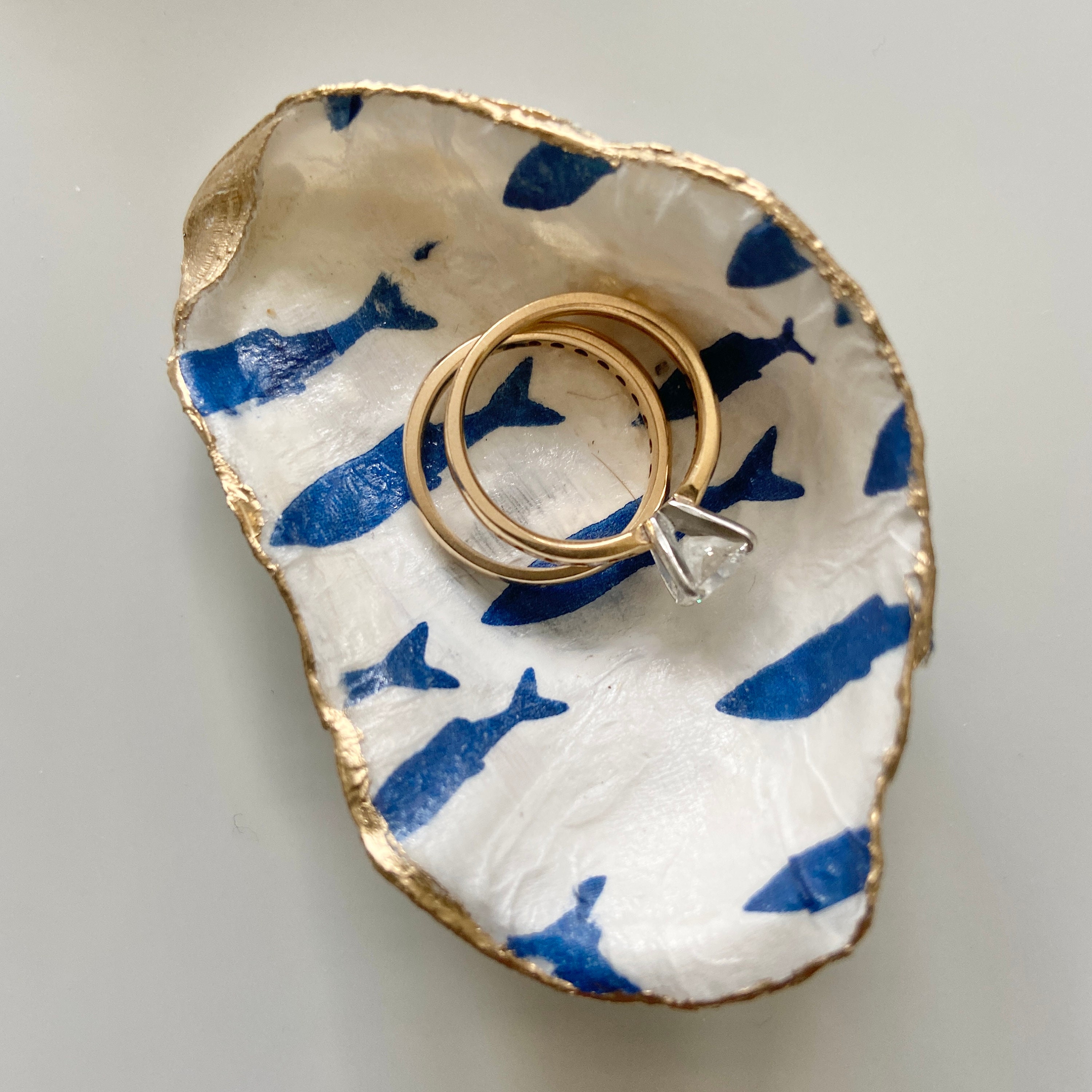 Decoupage Oyster Shell Ring Dish With Blue Fish Jewelry Dish, Trinket