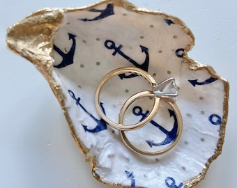 Handmade Decoupage Oyster Shell Ring Dish with Blue Anchors - Jewelry Dish, Trinket Dish, Hostess Gift, Bridesmaid Gift, Coastal Wedding