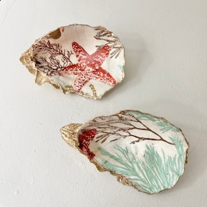 Decoupage Oyster Shell Ring Dish in Nautical Designs - Ring Dish, Trinket Dish, Coastal Gift, Bridesmaid Gift, Hostess Gift