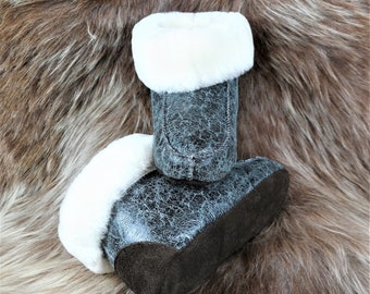 Lambskin Slippers Chuny Hut Shoes Fur Socks grey Crush - W1192A