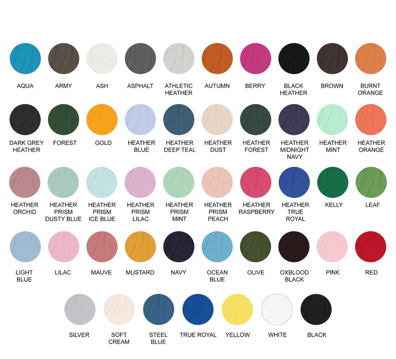 May include: A chart of 36 different color swatches, each with a name underneath. The colors range from light to dark, and include shades of blue, green, red, orange, yellow, brown, pink, purple, and grey.