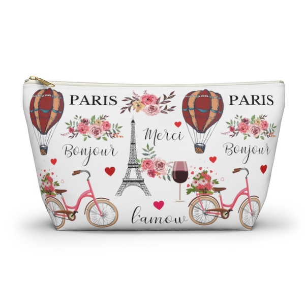 Paris Makeup Bag, Pencil Case, Bonjour Cosmetic Bag, Toiletry Bag, Eiffel Tower Makeup Bag, Accessory T-bottom Pouch