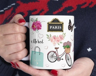 Merci White Mug, Paris Mug, Pink Poodle Mug, Floral Mug, Eiffel Tower Mug, Christmas Gift for Mom, Mug Gift for Her