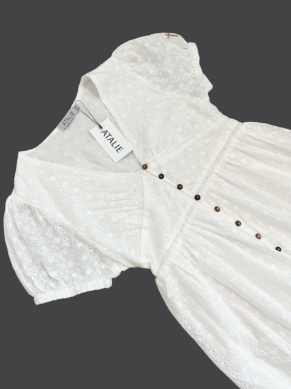White Lace Church Dress with Embroidered Cross On Sleeve Christian Apparel & Fashion | 100% Cotton Midi Dress