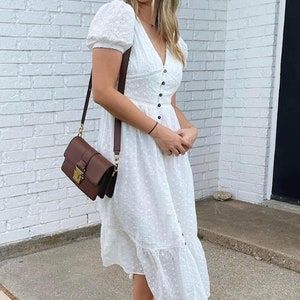 White Lace Church Dress with Embroidered Cross on Sleeve Christian Apparel & Fashion |  100% Cotton Midi Dress