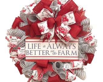 Farmhouse Wreath for Front Door / Life Is Always Better at the Farm / Large Red and Grey Mesh Front Porch Decor / Bright and Cheery Gifts