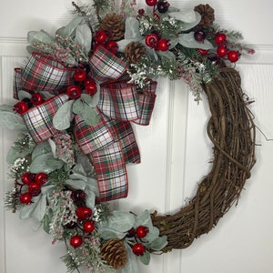 Christmas Wreath for Front Door, Double Door Christmas Wreath, Front Door Wreath for Winter, Traditional Grapevine Holiday