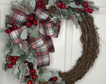 Christmas Wreath for Front Door, Double Door Christmas Wreath, Front Door Wreath for Winter, Traditional Grapevine Holiday