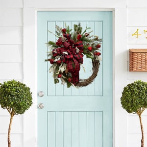 Christmas Wreath for Front Door, Double Door Christmas Wreath, Front Door Wreath for Winter, Traditional Grapevine Holiday image 6