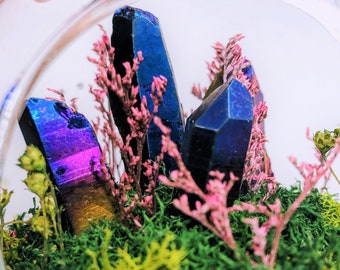 Quartz Crystal Geode Succulent Teardrop Terrarium, Purple and Gold Iridescent Planter