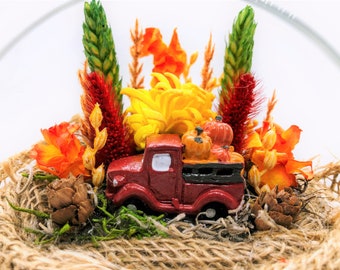 Vintage Red Farm Truck Terrarium, Fall Autumn Decor