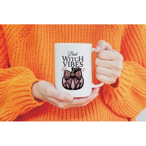 Halloween Mug with Pumpkin &quot;Bad Witch Vibes&quot;, Witchy Coffee Cup, Halloween Gift, Fall Decor, Spooky Tea Cup, Ceramic Mug, (11oz)