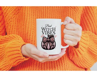 Halloween Mug with Pumpkin "Bad Witch Vibes", Witchy Coffee Cup, Halloween Gift, Fall Decor, Spooky Tea Cup, Ceramic Mug, (11oz)