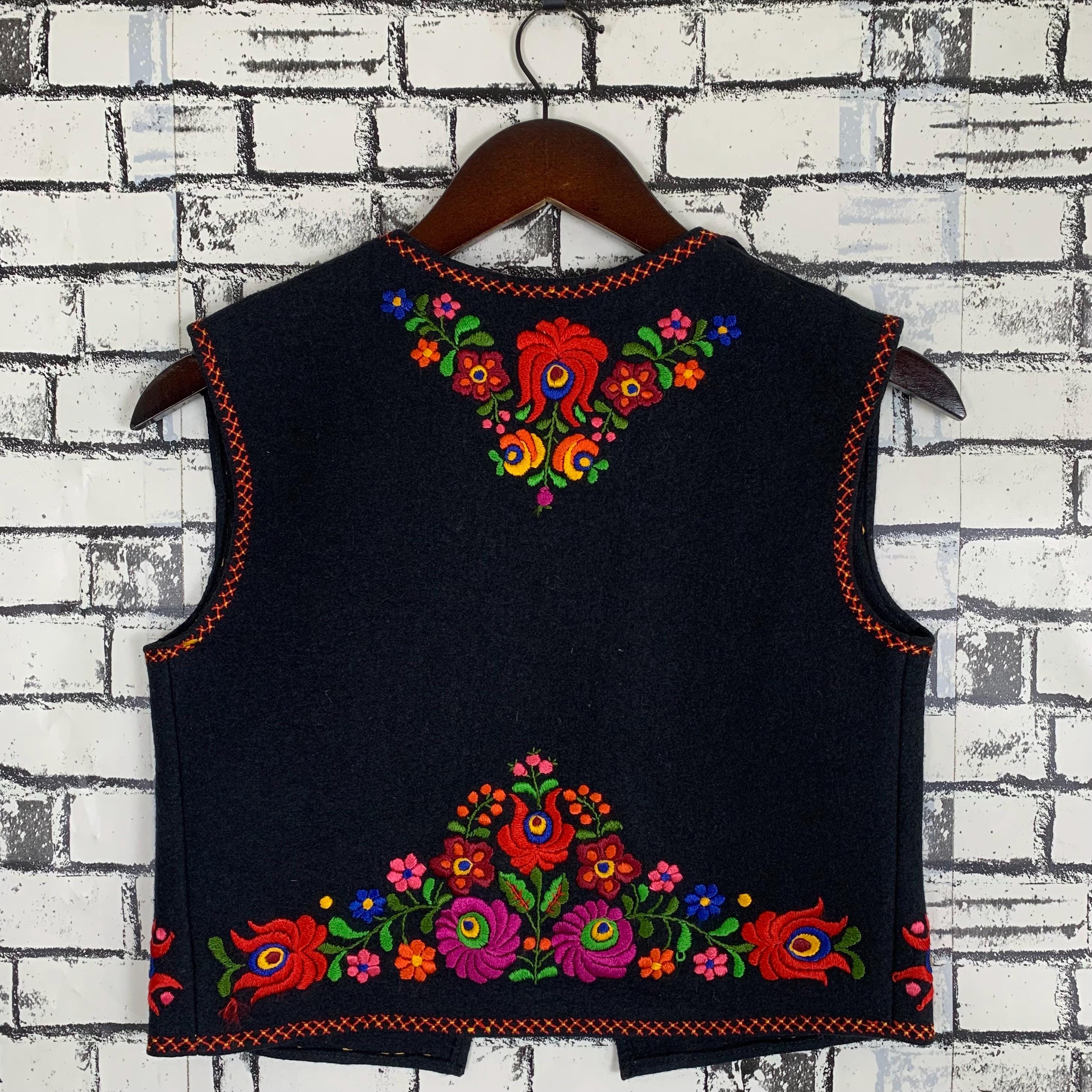 Vintage Hungarian Matyo Vest Flower Embroidered Folk Felt Wool