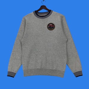 May include: Gray sweatshirt with a blue and white striped collar and cuffs. The sweatshirt has a circular embroidered patch on the front with an eagle and the text "American Eagle Outfitters".