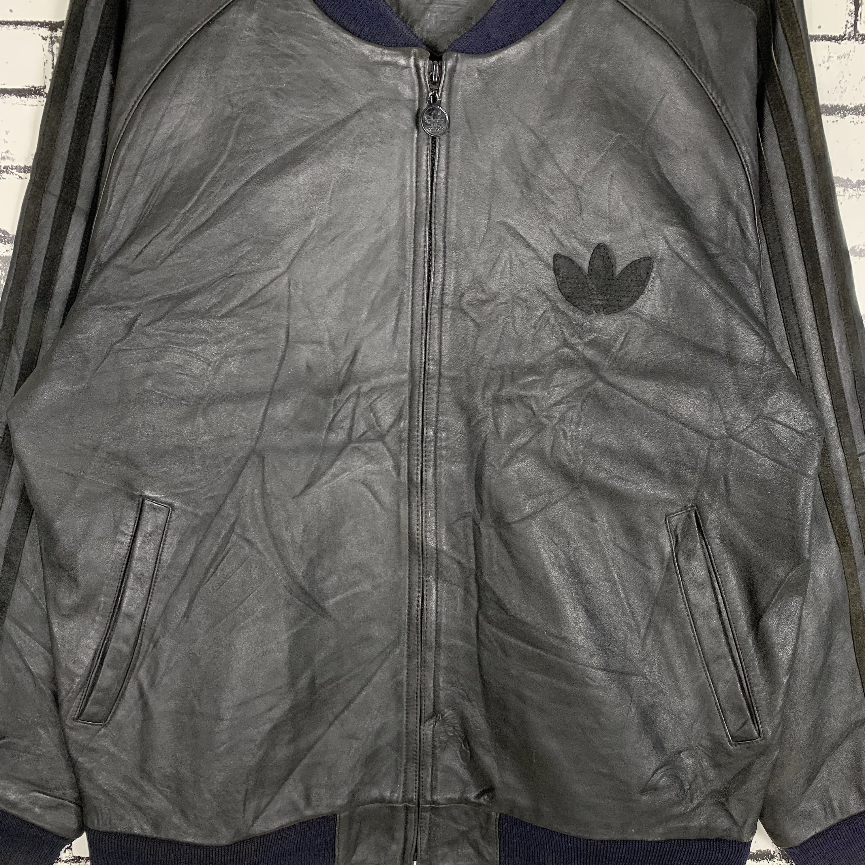 ジャケット・アウター Vintage leather Jacket 3stripes adidas Vintage Adidas Professional 3 Stripes Big Logo Leather