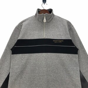 May include: Gray and black long-sleeve sweatshirt with a zipper and a gold logo that reads "Courr&egrave;ges sport futur".
