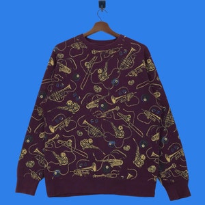 Very Rare!! Vintage Stussy Sweatshirt Full Printed 8Ball Jazz Instrument Stussy Pullover Jumper Medium Size