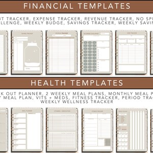 May include: Digital planner templates for financial and health tracking. The image shows several pages with titles like "Debt Tracker," "Expense Tracker," and "Weekly Wellness Tracker." The templates are organized with a neutral color scheme and spiral binding.
