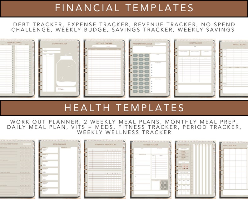 May include: Digital planner templates for financial and health tracking. The image shows several pages with titles like "Debt Tracker," "Expense Tracker," and "Weekly Wellness Tracker." The templates are organized with a neutral color scheme and spiral binding.