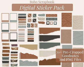 Boho Scrapbook Digital Sticker Pack: Ripped Paper, Washi Tape (GoodNotes, PNG)