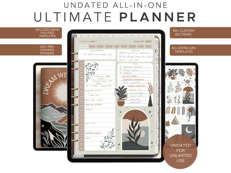 May include: An undated all-in-one Ultimate Planner on a tablet, featuring ADHD-focused templates, 100+ pre-cropped stickers, and 60+ custom sections. The planner includes a daily schedule, notes, and a section for goals. The text on the cover says "DREAM WITH".