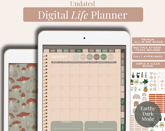 Earthy Digital Life Planner: Undated, Dark Mode, Stickers (GoodNotes, Notability)