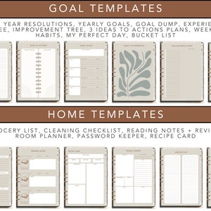 May include: A collection of beige spiral-bound notebooks with various templates for goal setting and home organization. The notebooks feature headings like "Goal Templates" and "Home Templates," with text including "New Year Resolutions" and "Grocery List."