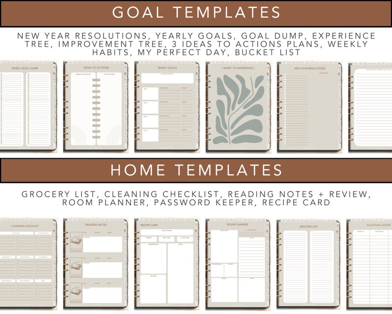 May include: A collection of beige spiral-bound notebooks with various templates for goal setting and home organization. The notebooks feature headings like "Goal Templates" and "Home Templates," with text including "New Year Resolutions" and "Grocery List."