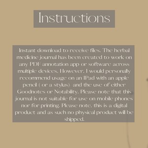 Pode incluir: Imagem de um produto digital com a palavra "Instructions". O texto descreve um di&aacute;rio de medicina herbal para download, compat&iacute;vel com aplicativos de anota&ccedil;&atilde;o PDF em v&aacute;rios dispositivos, ideal em iPad com caneta.