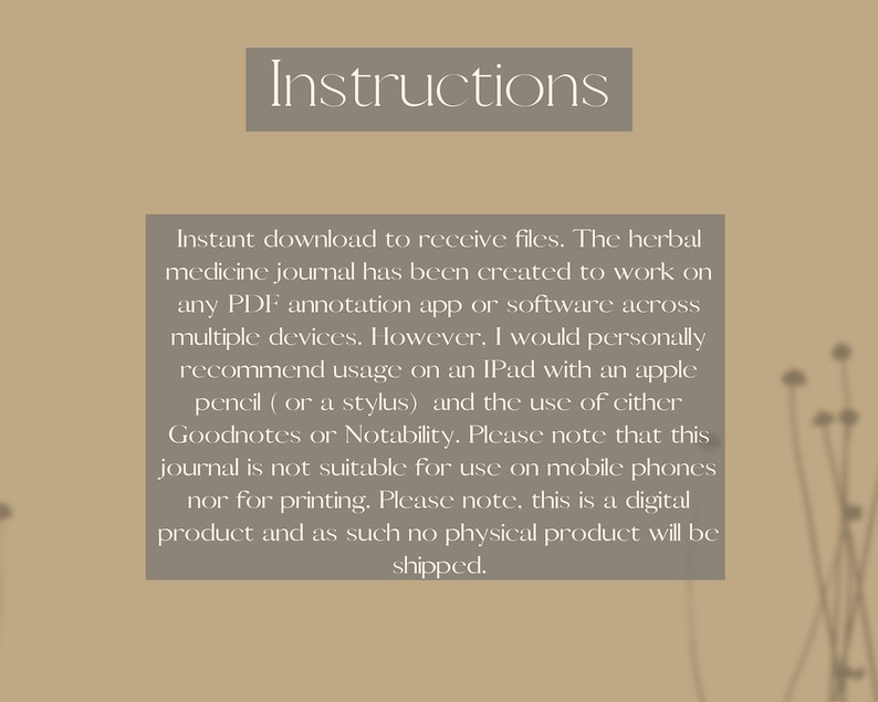 Pode incluir: Imagem de um produto digital com a palavra "Instructions". O texto descreve um di&aacute;rio de medicina herbal para download, compat&iacute;vel com aplicativos de anota&ccedil;&atilde;o PDF em v&aacute;rios dispositivos, ideal em iPad com caneta.