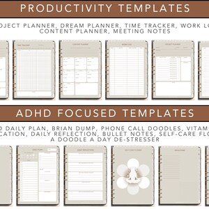 May include: A collection of beige and white planners with gold spiral binding. The top section features "Productivity Templates" including project, dream, and content planners. The bottom section displays "ADHD Focused Templates" with daily plans and self-care tools.