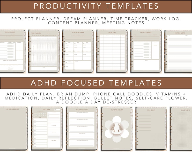 May include: A collection of beige and white planners with gold spiral binding. The top section features "Productivity Templates" including project, dream, and content planners. The bottom section displays "ADHD Focused Templates" with daily plans and self-care tools.