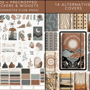 May include: Digital stickers and widgets in a neutral color palette, including botanical illustrations, mountains, and celestial elements. The image also showcases 14 alternative covers with various designs. Text includes "100 + PRECROPPED STICKERS & WIDGETS" and "DREAM WITH A FIRE".
