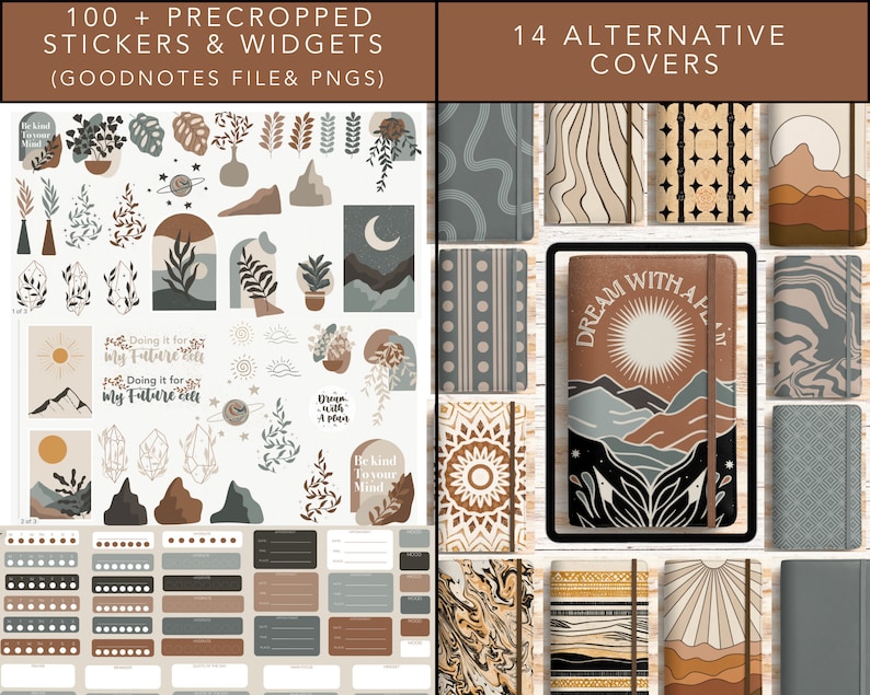 May include: Digital stickers and widgets in a neutral color palette, including botanical illustrations, mountains, and celestial elements. The image also showcases 14 alternative covers with various designs. Text includes "100 + PRECROPPED STICKERS & WIDGETS" and "DREAM WITH A FIRE".