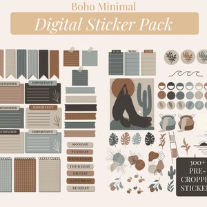 Könnte beinhalten: Ein digitales Sticker-Paket mit über 300 vorgefertigten Stickern im minimalistischen Boho-Stil. Die Sticker zeigen verschiedene Designs, darunter Kakteen, Blätter, geometrische Formen und Textfelder. Der Text "Boho Minimal Digital Sticker Pack" und "300+ PRE-CROPPED STICKERS" ist im Bild enthalten.