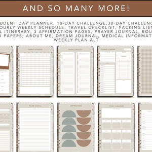 May include: A digital planner with various pages, including a student day planner, weekly schedule, travel checklist, and affirmation pages. The planner features a neutral color palette with a spiral binding and tabs for easy navigation. The text "AND SO MANY MORE!" is at the top.