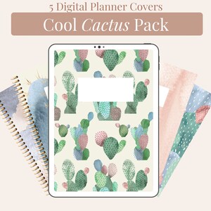 以下が含まれることがあります： 「Cool Cactus Pack」デザインのデジタルプランナーカバーセット。緑、ピンク、青の色合いで描かれた水彩画のカクタスのイラストが特徴の5つのカバーが含まれています。1つのカバーはタブレットに表示され、他のカバーは個別に表示されています。
