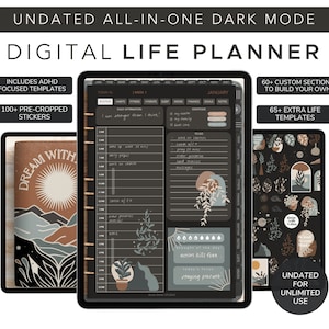 May include: Digital life planner in dark mode, with ADHD-focused templates and 100+ pre-cropped stickers. Includes 60+ custom sections and 65+ extra life templates. The planner has a cover with a mountain and sun design. The planner is undated for unlimited use.