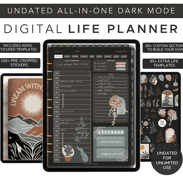 Digital Planner Undated Dark Mode ADHD Planner GoodNotes Boho Planner All-In-One Custom Templates Digital Stickers Notability iPad Android