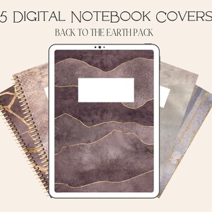 Peut inclure: Image présentant cinq couvertures de cahiers numériques. Les couvertures présentent des motifs abstraits dans des tons de marron, de gris et d'or. Le texte en haut indique "5 DIGITAL NOTEBOOK COVERS" et "BACK TO THE EARTH PACK" en dessous.