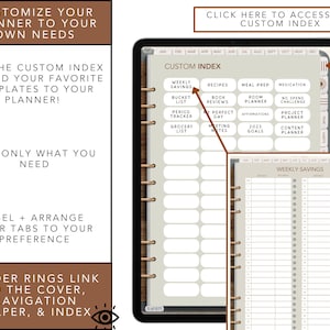 May include: Digital planner on a tablet with a custom index. The planner includes sections for weekly savings, recipes, meal prep, and more. Text on the screen reads "Customize Your Planner to Your Own Needs" and "Click Here to Access the Custom Index."