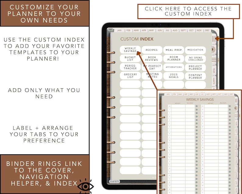 May include: Digital planner on a tablet with a custom index. The planner includes sections for weekly savings, recipes, meal prep, and more. Text on the screen reads "Customize Your Planner to Your Own Needs" and "Click Here to Access the Custom Index."